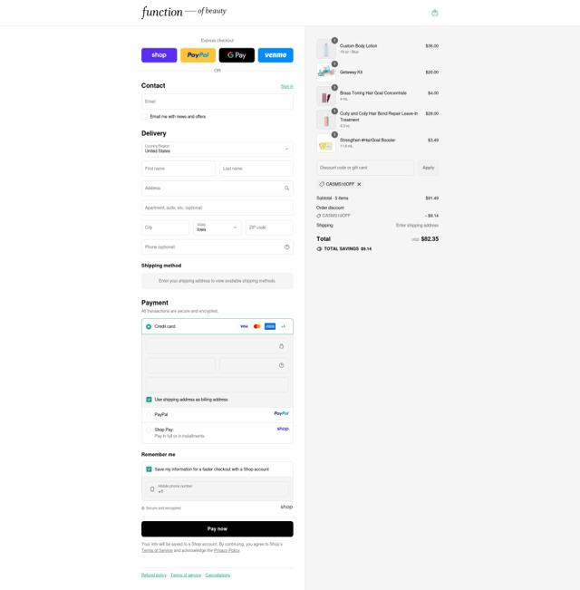 Function of Beauty checkout page showing Function of Beauty discount code box | Screenshot taken by SimplyCodes community member on Sep 12, 2025
