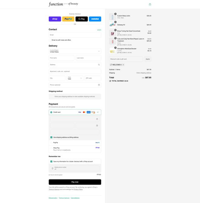 Function of Beauty checkout page showing Function of Beauty discount code box | Screenshot taken by SimplyCodes community member on Sep 8, 2025