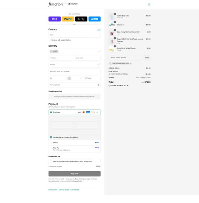 Function of Beauty checkout page showing Function of Beauty discount code box | Screenshot taken by SimplyCodes community member on Sep 8, 2025