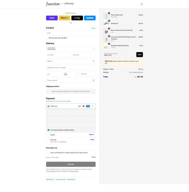 Function of Beauty checkout page showing Function of Beauty discount code box | Screenshot taken by SimplyCodes community member on Sep 12, 2025