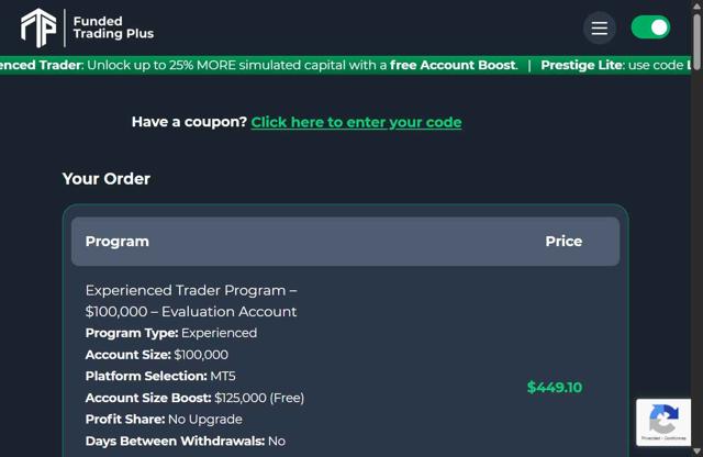 Funded Trading Plus checkout page showing Funded Trading Plus discount code box | Screenshot taken by SimplyCodes community member on Sep 2, 2025