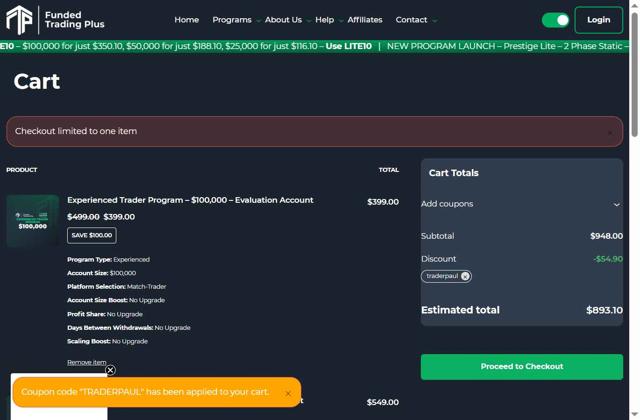 Funded Trading Plus checkout page showing Funded Trading Plus discount code box | Screenshot taken by SimplyCodes community member on Aug 23, 2025