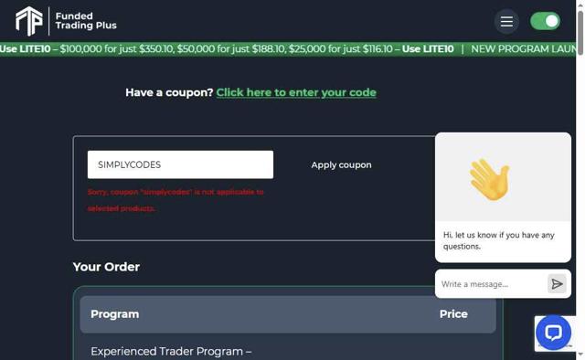 Funded Trading Plus checkout page showing Funded Trading Plus discount code box | Screenshot taken by SimplyCodes community member on Aug 16, 2025