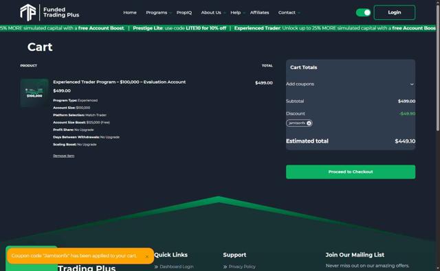 Funded Trading Plus checkout page showing Funded Trading Plus discount code box | Screenshot taken by SimplyCodes community member on Sep 2, 2025