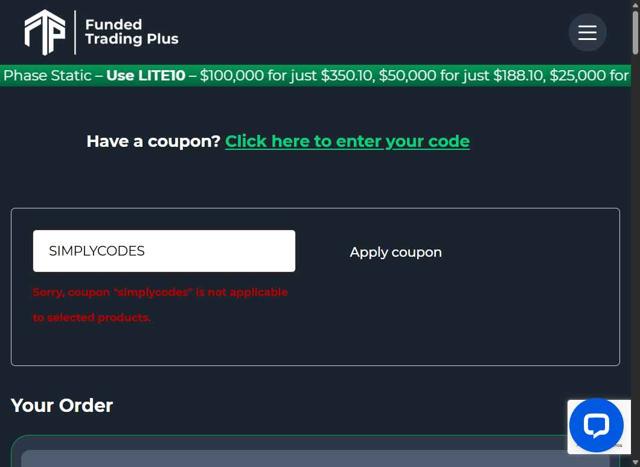 Funded Trading Plus checkout page showing Funded Trading Plus discount code box | Screenshot taken by SimplyCodes community member on Aug 18, 2025