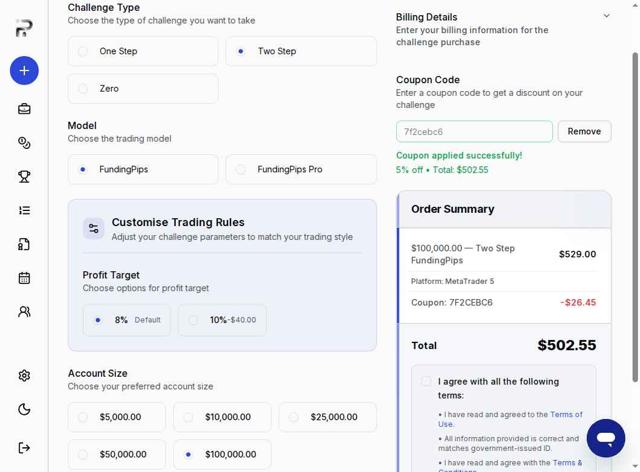 Funding Pips checkout page showing Funding Pips discount code box | Screenshot taken by SimplyCodes community member on Aug 31, 2025