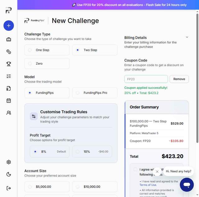 Funding Pips checkout page showing Funding Pips discount code box | Screenshot taken by SimplyCodes community member on Sep 14, 2025