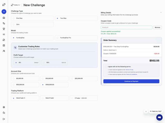 Funding Pips checkout page showing Funding Pips discount code box | Screenshot taken by SimplyCodes community member on Aug 31, 2025