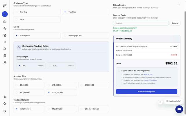 Funding Pips checkout page showing Funding Pips discount code box | Screenshot taken by SimplyCodes community member on Sep 1, 2025