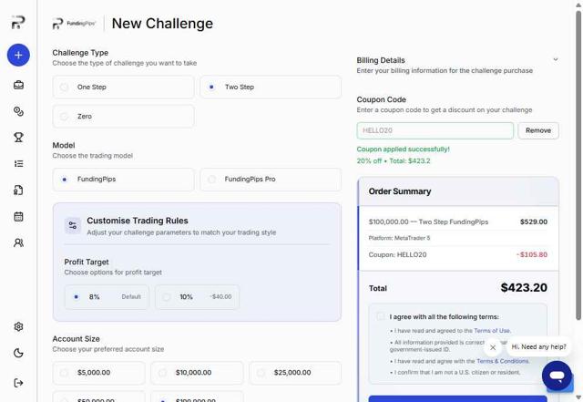 Funding Pips checkout page showing Funding Pips discount code box | Screenshot taken by SimplyCodes community member on Sep 4, 2025