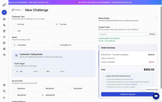 Funding Pips checkout page showing Funding Pips discount code box | Screenshot taken by SimplyCodes community member on Sep 14, 2025