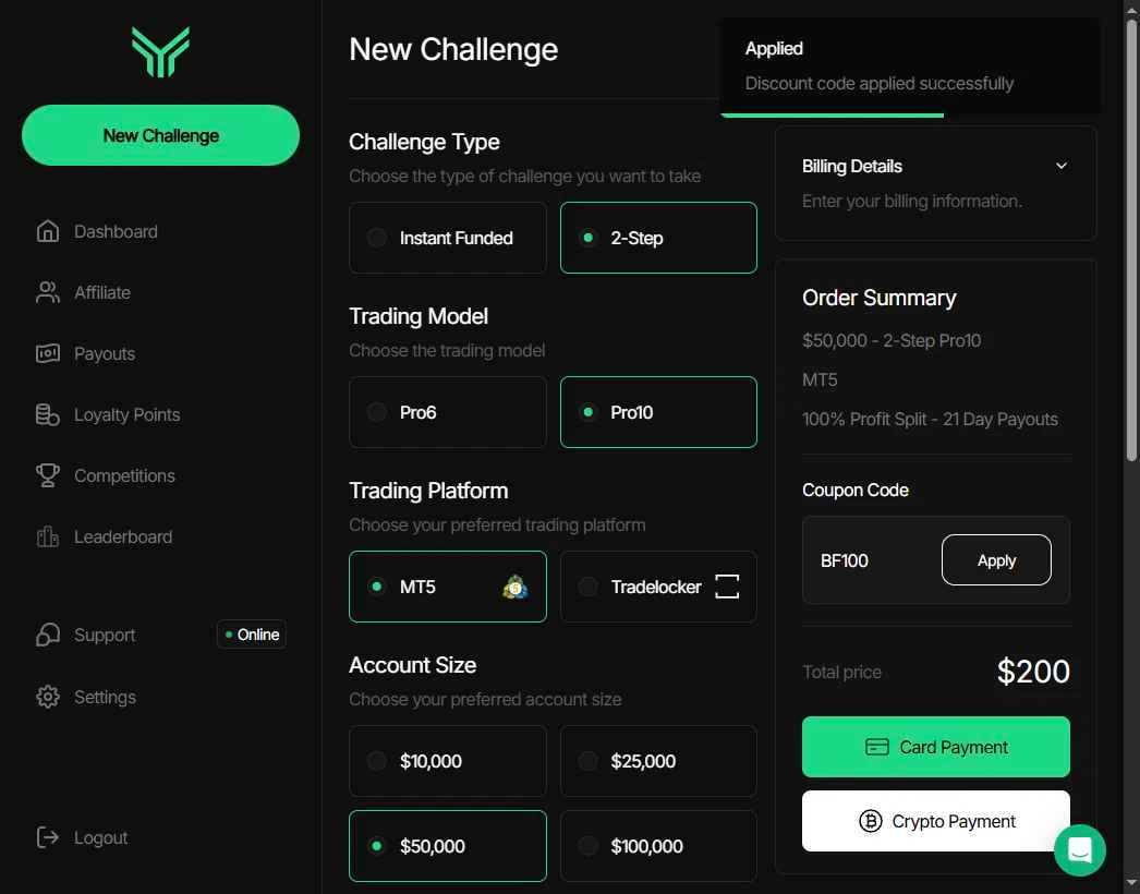 Funding Traders checkout page showing Funding Traders promo code box | Screenshot taken by SimplyCodes community member on Dec 2, 2025