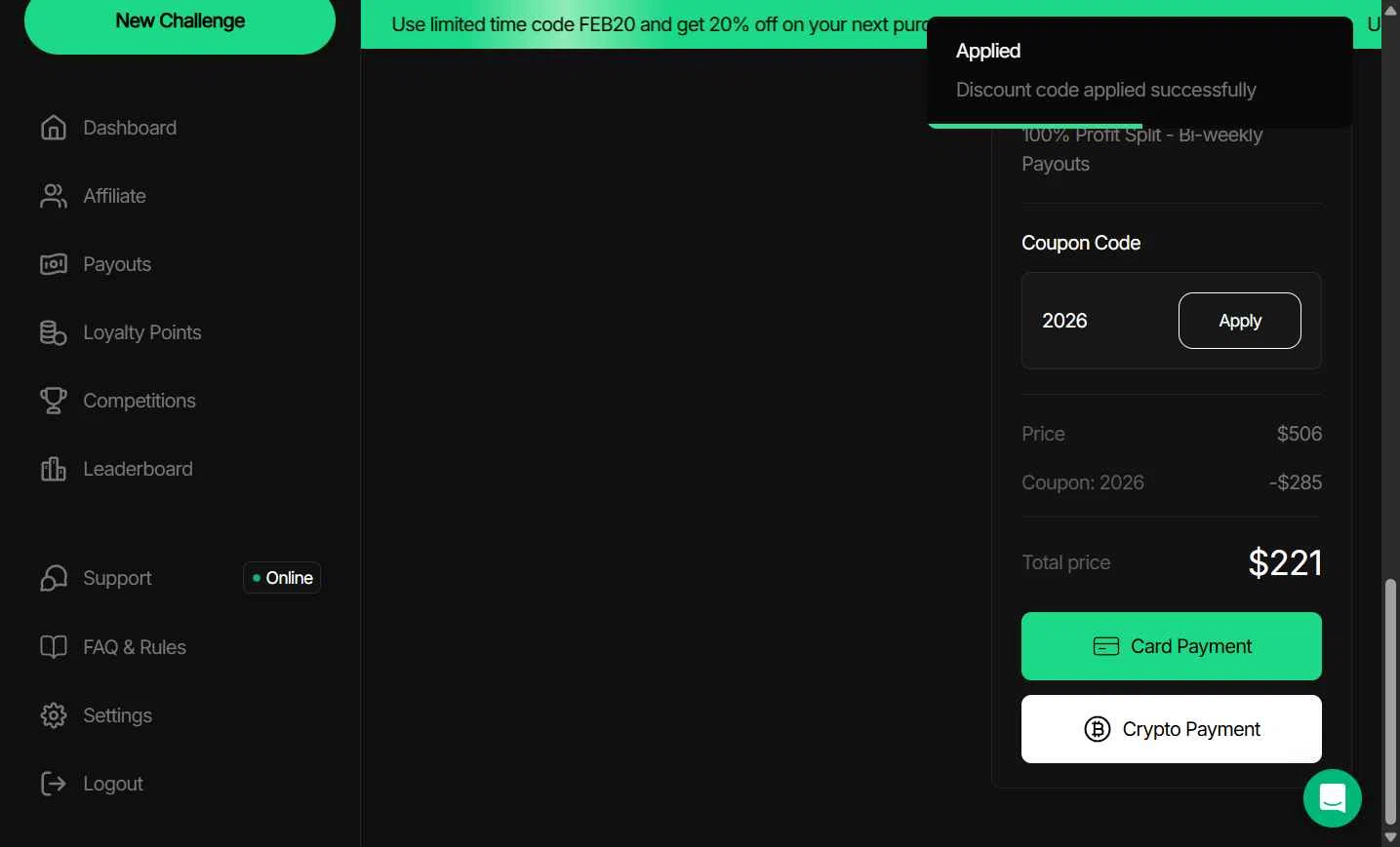 Funding Traders checkout page showing Funding Traders promo code box | Screenshot taken by SimplyCodes community member on Feb 4, 2026