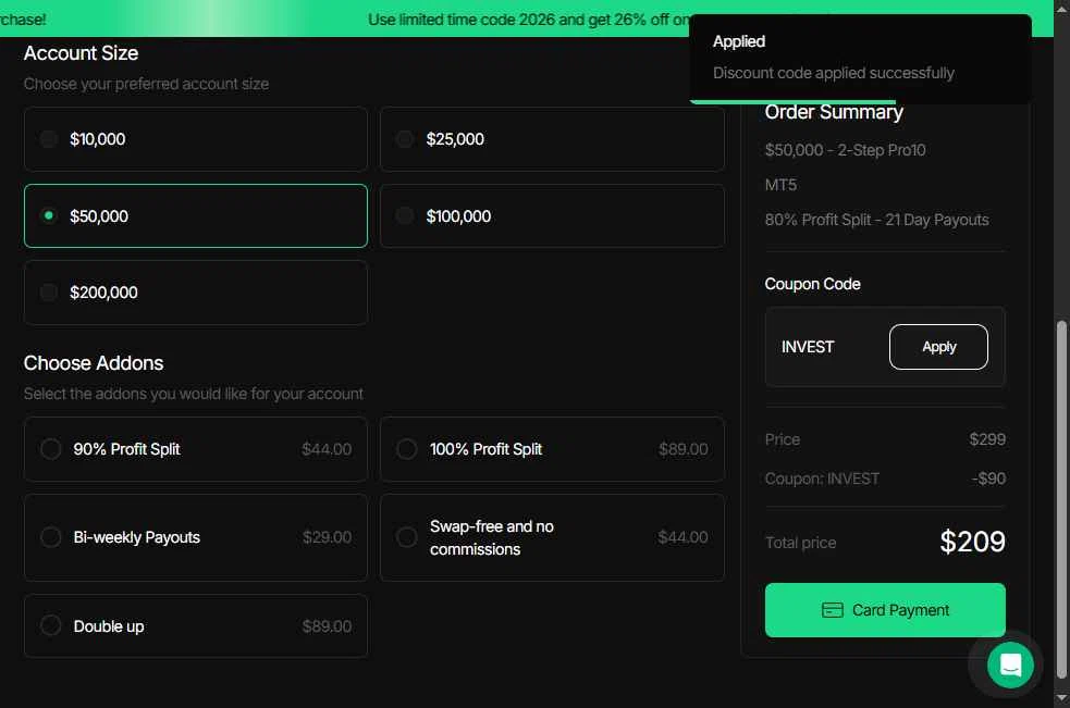 Funding Traders checkout page showing Funding Traders promo code box | Screenshot taken by SimplyCodes community member on Jan 8, 2026