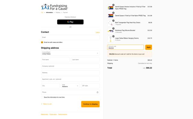 Fundraising For A Cause checkout page showing Fundraising For A Cause promo code box | Screenshot taken by SimplyCodes community member on May 13, 2025