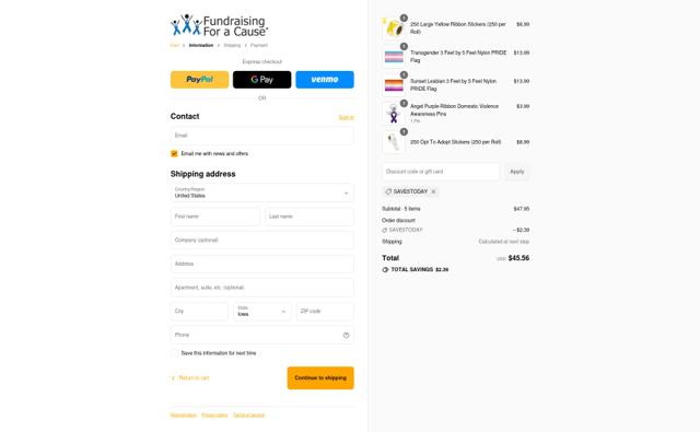 Fundraising For A Cause checkout page showing Fundraising For A Cause promo code box | Screenshot taken by SimplyCodes community member on Sep 16, 2025