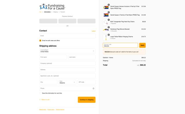 Fundraising For A Cause checkout page showing Fundraising For A Cause promo code box | Screenshot taken by SimplyCodes community member on May 3, 2025