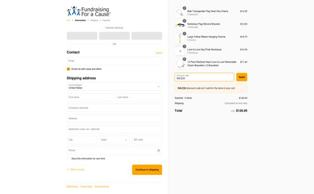 Fundraising For A Cause checkout page showing Fundraising For A Cause promo code box | Screenshot taken by SimplyCodes community member on Apr 19, 2025