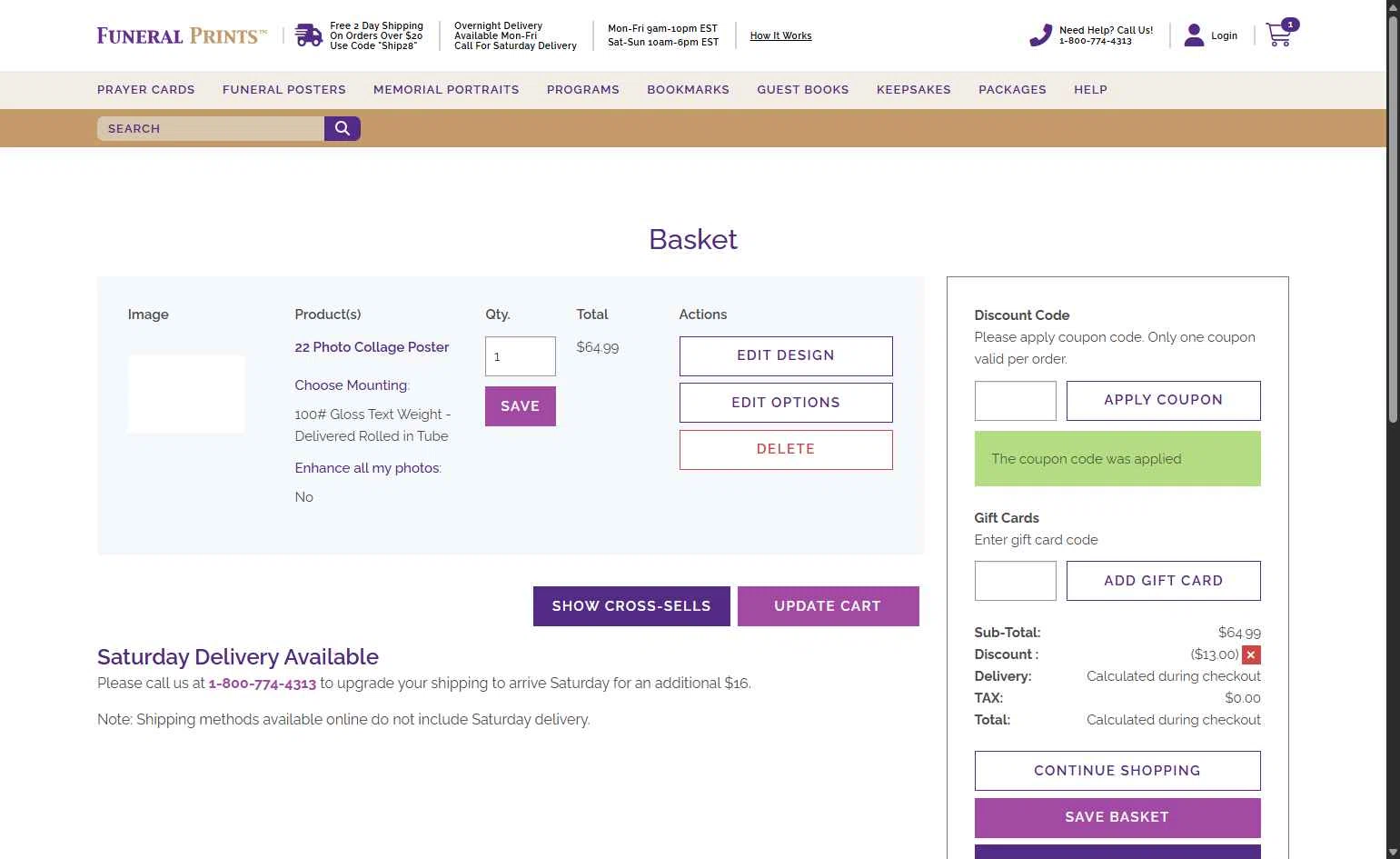 Funeral Prints checkout page showing Funeral Prints discount code box | Screenshot taken by SimplyCodes community member on Dec 11, 2025