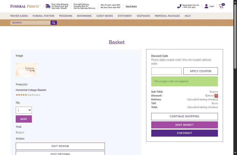 Funeral Prints checkout page showing Funeral Prints discount code box | Screenshot taken by SimplyCodes community member on Aug 7, 2025