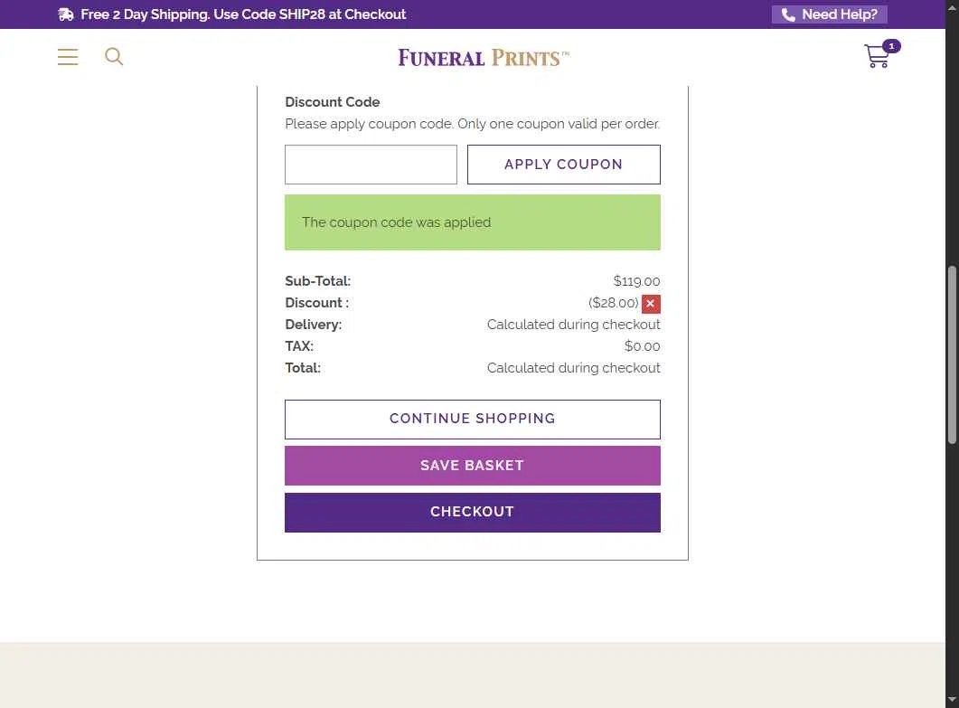Funeral Prints checkout page showing Funeral Prints discount code box | Screenshot taken by SimplyCodes community member on Jul 9, 2025