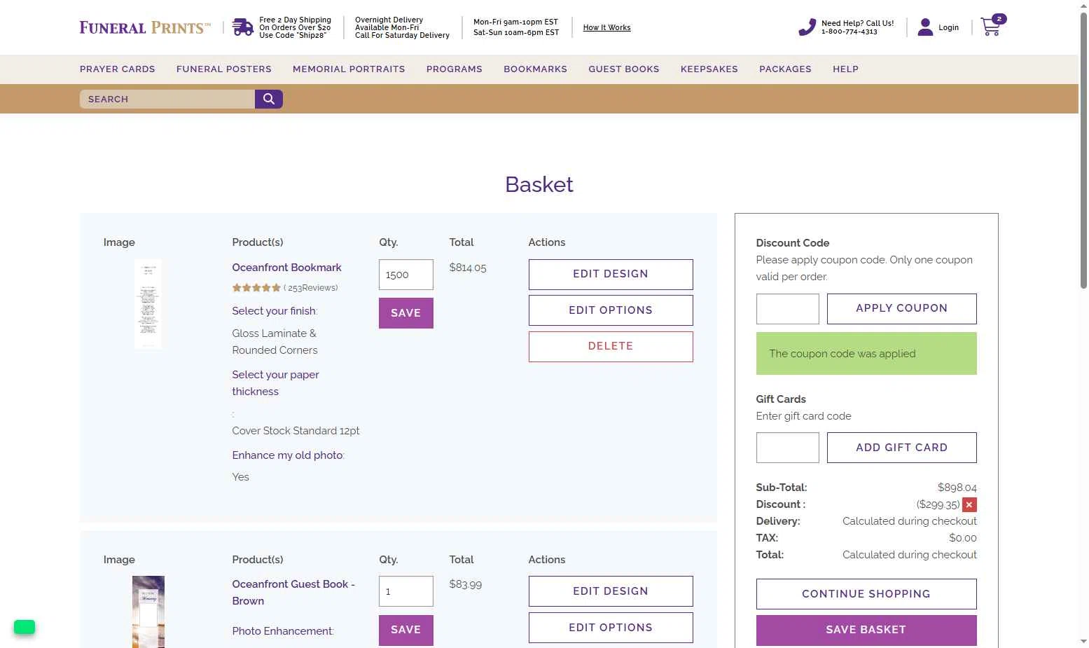Funeral Prints checkout page showing Funeral Prints discount code box | Screenshot taken by SimplyCodes community member on Dec 11, 2025
