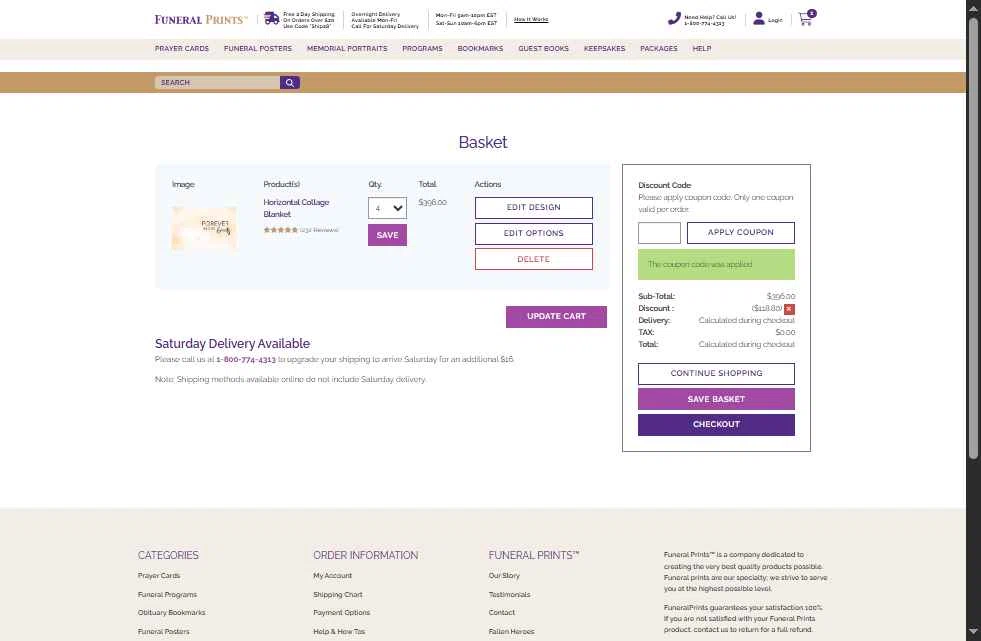 Funeral Prints checkout page showing Funeral Prints discount code box | Screenshot taken by SimplyCodes community member on Aug 20, 2025