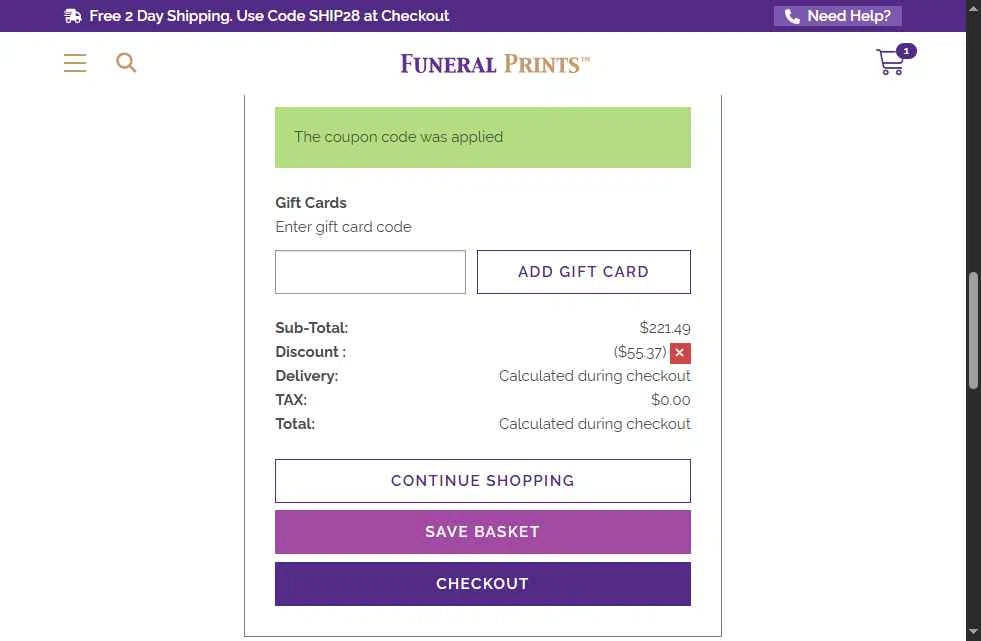 Funeral Prints checkout page showing Funeral Prints discount code box | Screenshot taken by SimplyCodes community member on Oct 6, 2025
