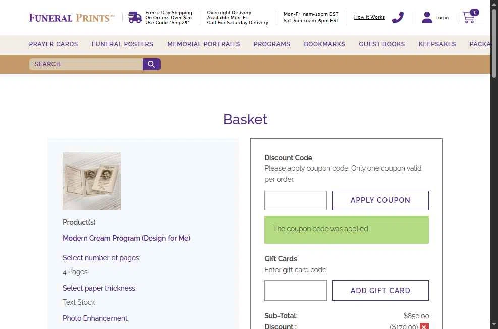 Funeral Prints checkout page showing Funeral Prints discount code box | Screenshot taken by SimplyCodes community member on Jan 21, 2026