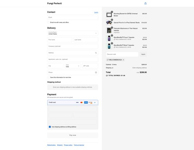 Fungi Perfecti checkout page showing Fungi Perfecti discount code box | Screenshot taken by SimplyCodes community member on Aug 27, 2025