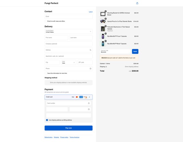 Fungi Perfecti checkout page showing Fungi Perfecti discount code box | Screenshot taken by SimplyCodes community member on Aug 27, 2025
