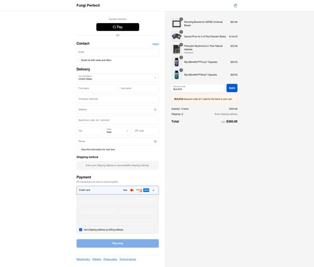 Fungi Perfecti checkout page showing Fungi Perfecti discount code box | Screenshot taken by SimplyCodes community member on Sep 4, 2025