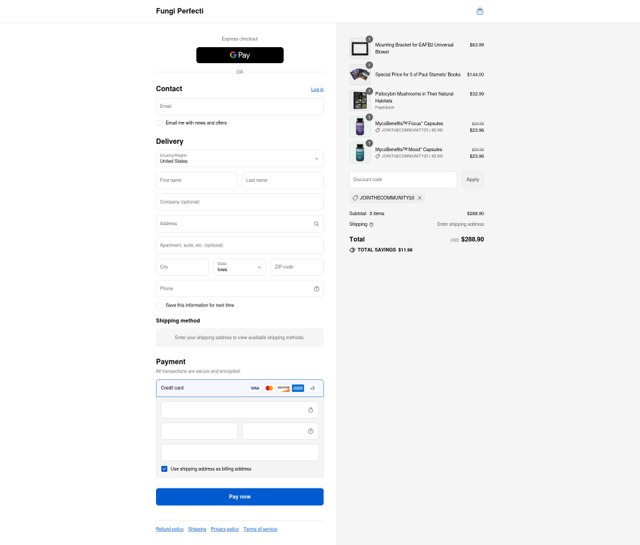 Fungi Perfecti checkout page showing Fungi Perfecti discount code box | Screenshot taken by SimplyCodes community member on Sep 4, 2025