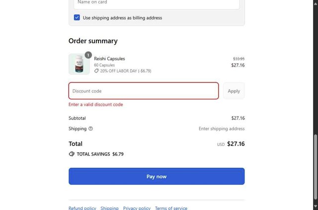 Fungi Perfecti checkout page showing Fungi Perfecti discount code box | Screenshot taken by SimplyCodes community member on Aug 29, 2025