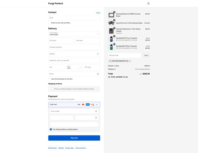 Fungi Perfecti checkout page showing Fungi Perfecti discount code box | Screenshot taken by SimplyCodes community member on Aug 31, 2025