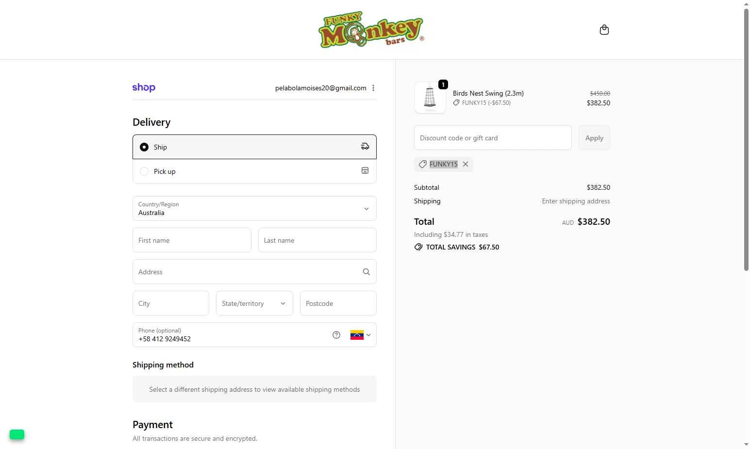 Funky Monkey Bars checkout page showing Funky Monkey Bars discount code box | Screenshot taken by SimplyCodes community member on Jan 6, 2026