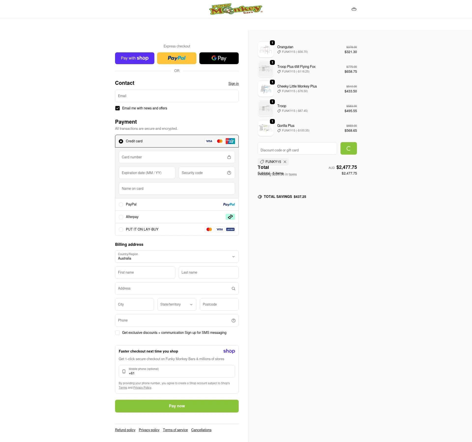 Funky Monkey Bars checkout page showing Funky Monkey Bars discount code box | Screenshot taken by SimplyCodes community member on Jan 11, 2026