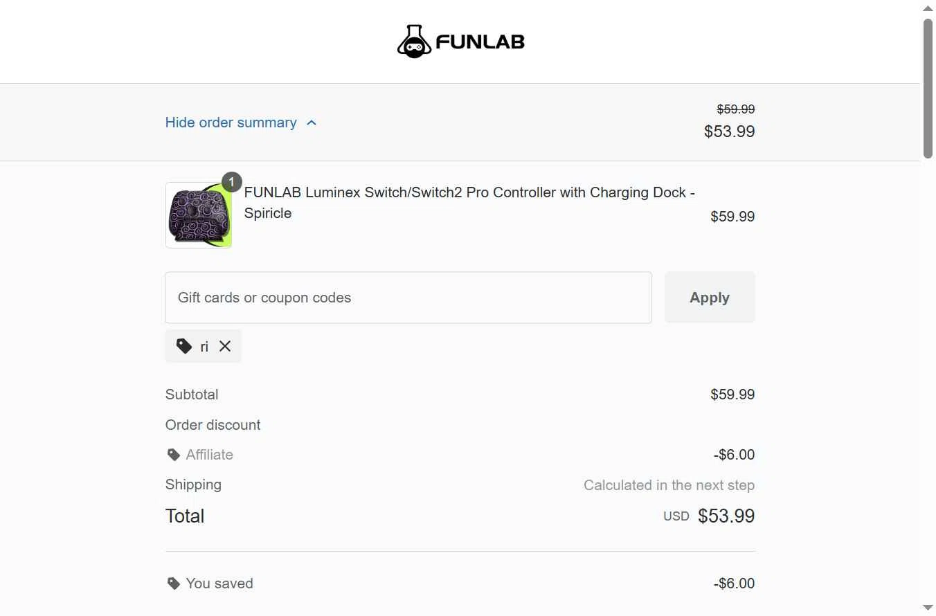 FUNLAB checkout page showing FUNLAB discount code box | Screenshot taken by SimplyCodes community member on Jan 7, 2026