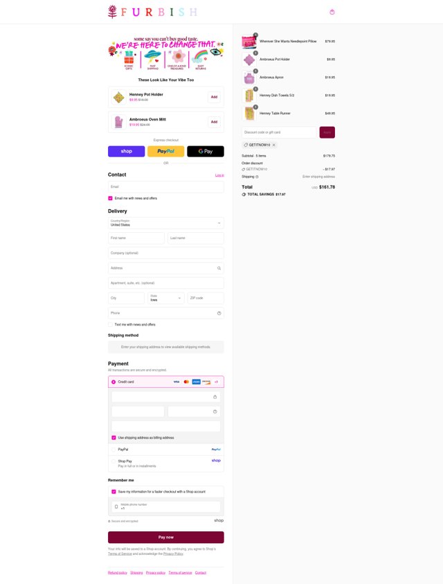 Furbish Studio checkout page showing Furbish Studio discount code box | Screenshot taken by SimplyCodes community member on Sep 7, 2025