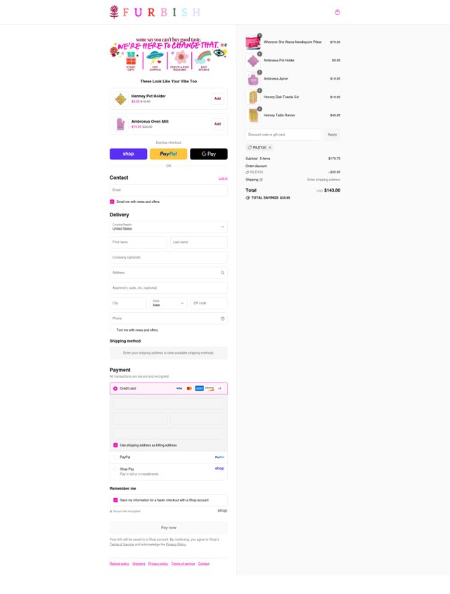 Furbish Studio checkout page showing Furbish Studio discount code box | Screenshot taken by SimplyCodes community member on Sep 7, 2025
