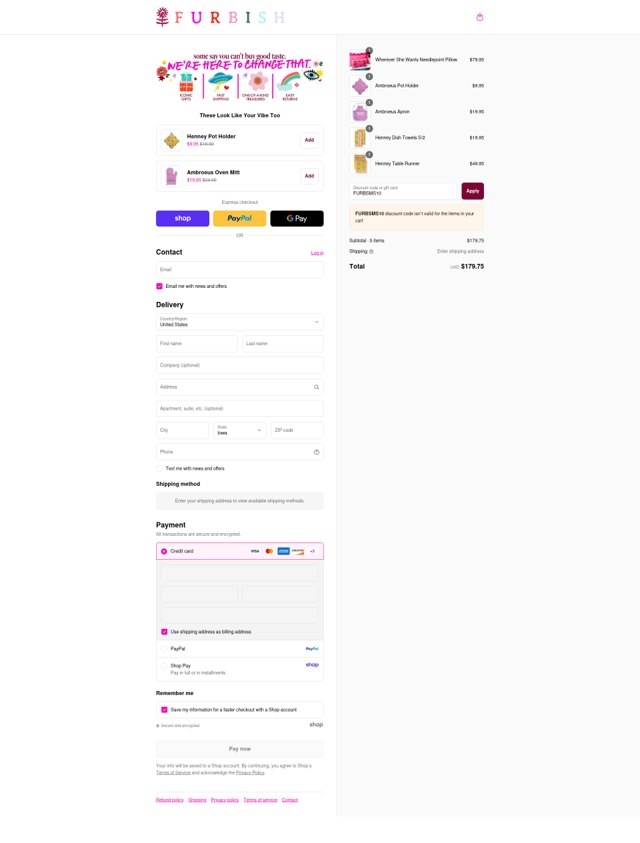 Furbish Studio checkout page showing Furbish Studio discount code box | Screenshot taken by SimplyCodes community member on Sep 7, 2025