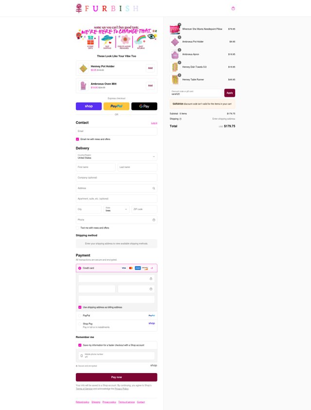 Furbish Studio checkout page showing Furbish Studio discount code box | Screenshot taken by SimplyCodes community member on Sep 7, 2025