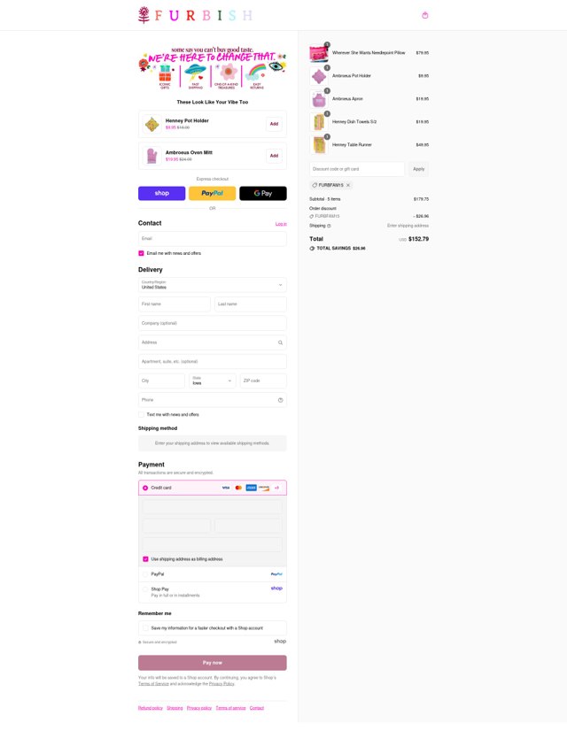 Furbish Studio checkout page showing Furbish Studio discount code box | Screenshot taken by SimplyCodes community member on Sep 7, 2025