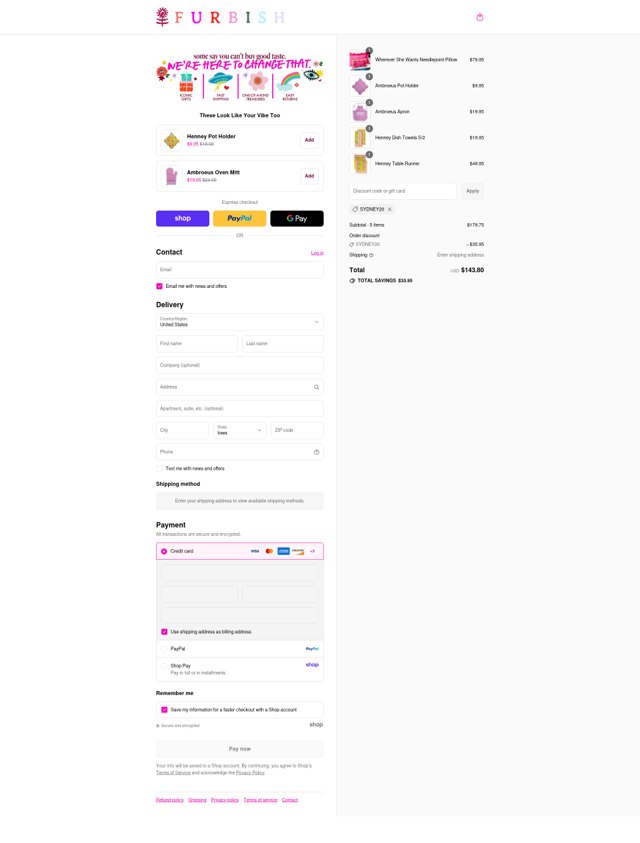 Furbish Studio checkout page showing Furbish Studio discount code box | Screenshot taken by SimplyCodes community member on Sep 7, 2025