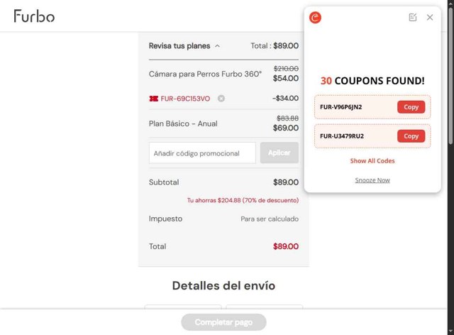 Furbo checkout page showing Furbo promo code box | Screenshot taken by SimplyCodes community member on Sep 3, 2025