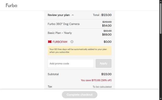 Furbo checkout page showing Furbo promo code box | Screenshot taken by SimplyCodes community member on Sep 2, 2025