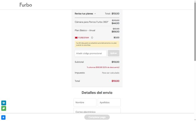 Furbo checkout page showing Furbo promo code box | Screenshot taken by SimplyCodes community member on Aug 24, 2025