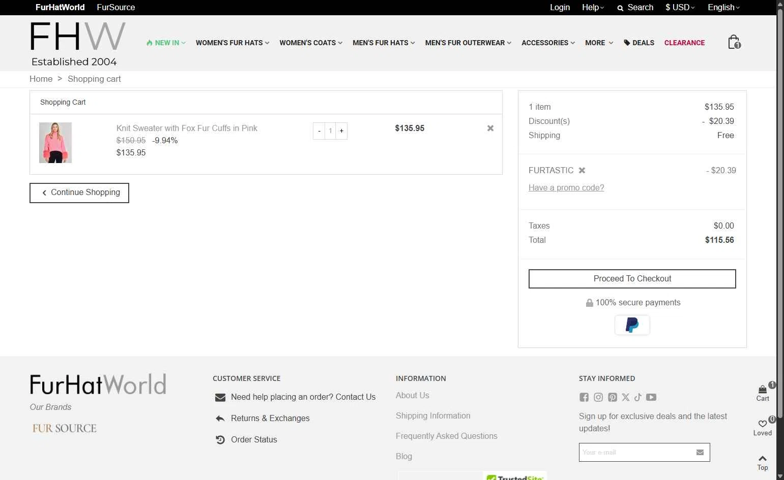 Fur Hat World checkout page showing Fur Hat World promo code box | Screenshot taken by SimplyCodes community member on Jan 24, 2026