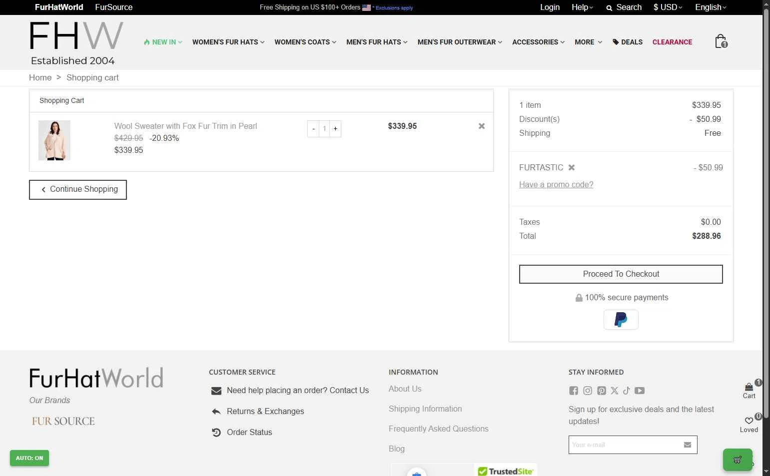 Fur Hat World checkout page showing Fur Hat World promo code box | Screenshot taken by SimplyCodes community member on Dec 7, 2025