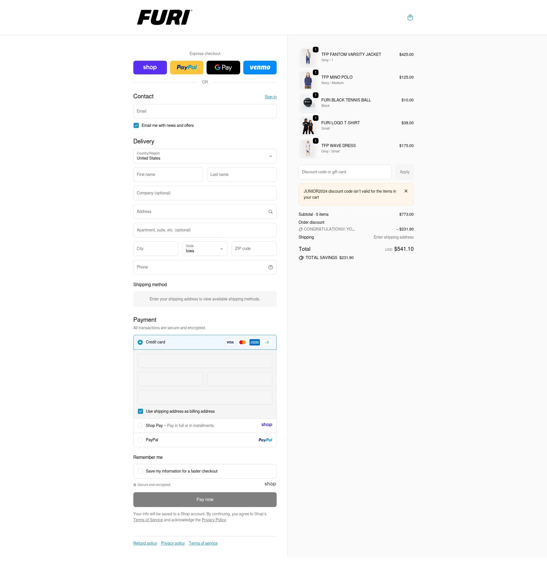 Furi Sport checkout page showing Furi Sport promo code box | Screenshot taken by SimplyCodes community member on Dec 24, 2025